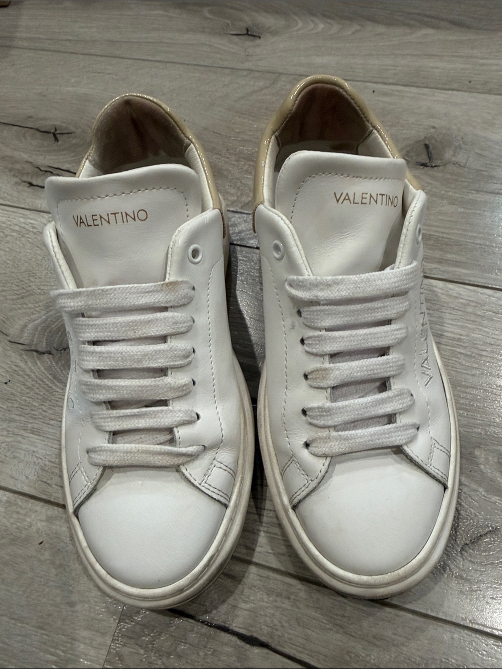 Valentino White Leather Low-Top Sneakers with Gold Heel Detail